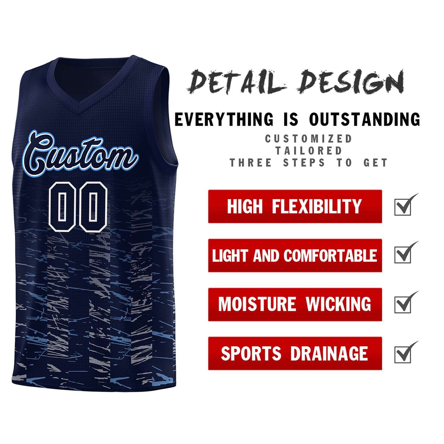 Custom Navy White Personalized Scratches Pattern Sports Uniform Basketball Jersey