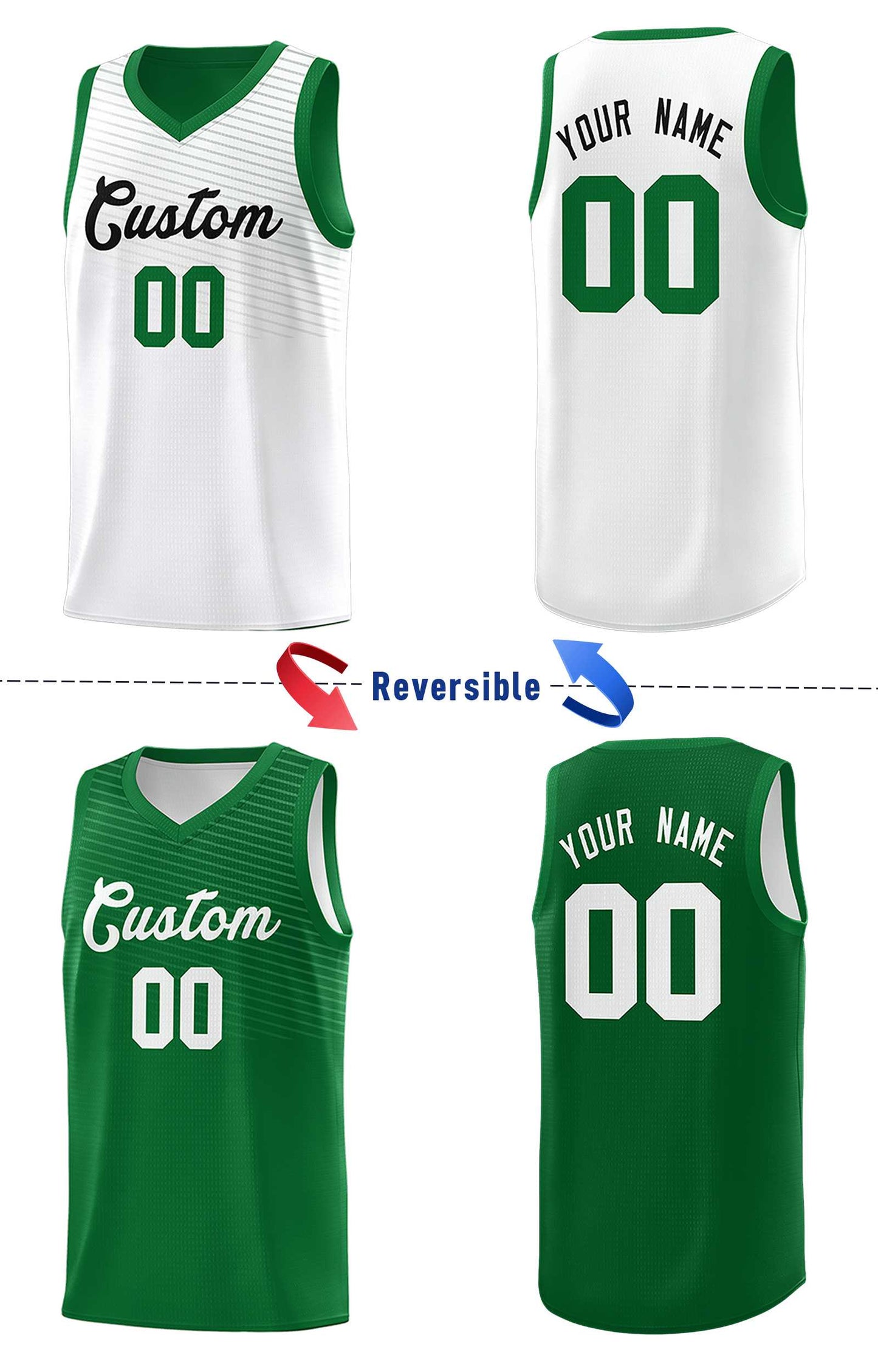 Custom Green White Chest Slash Patttern Double Side Sports Uniform Basketball Jersey