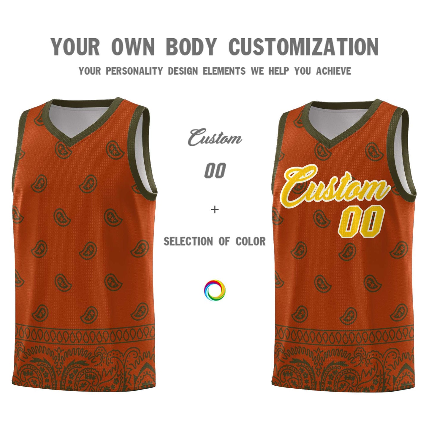 Custom Texas Orange Olive Personalized Cashew Pattern Sports Uniform Basketball Jersey
