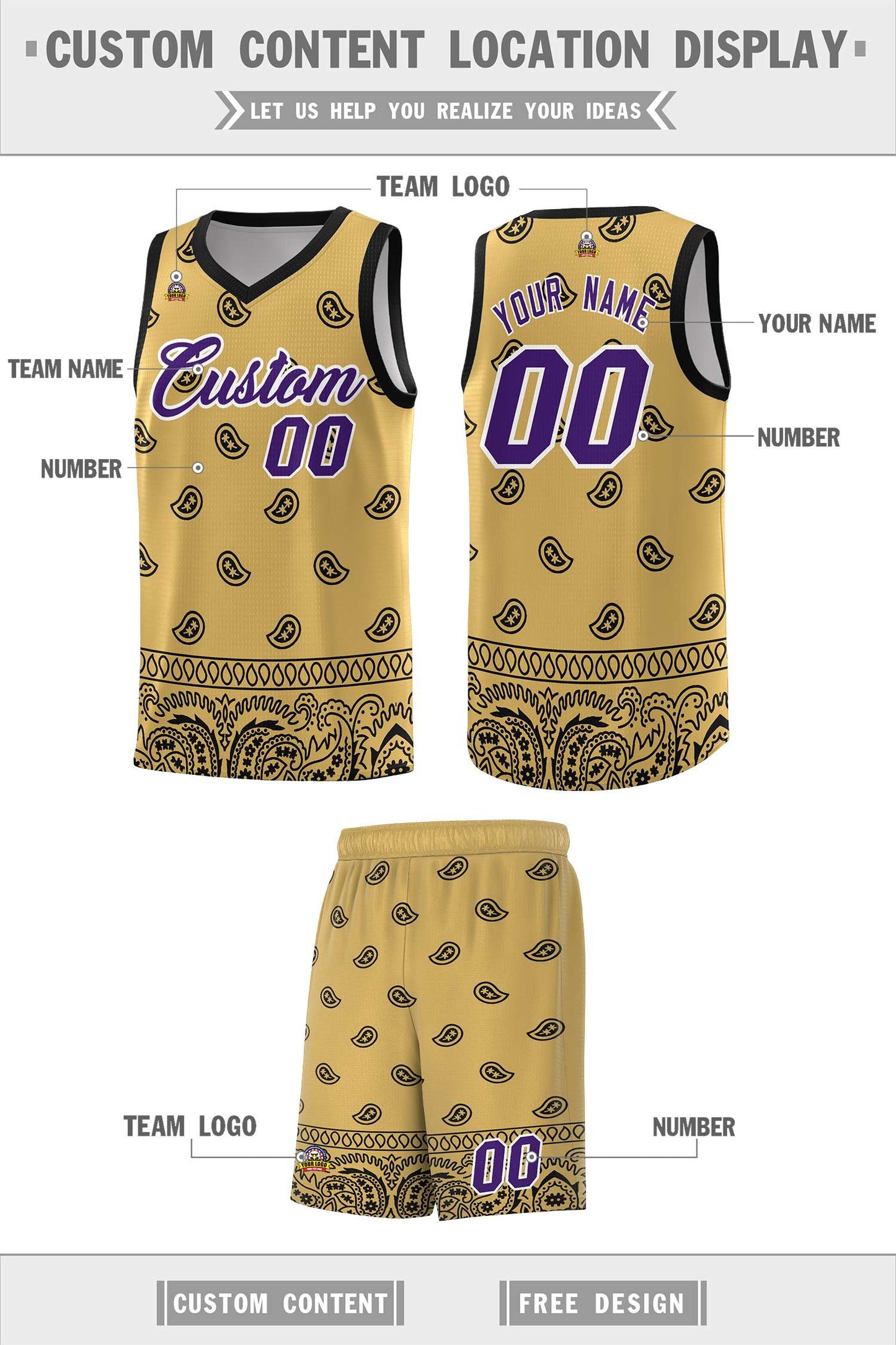 Custom Old Gold Black Personalized Cashew Pattern Sports Uniform Basketball Jersey