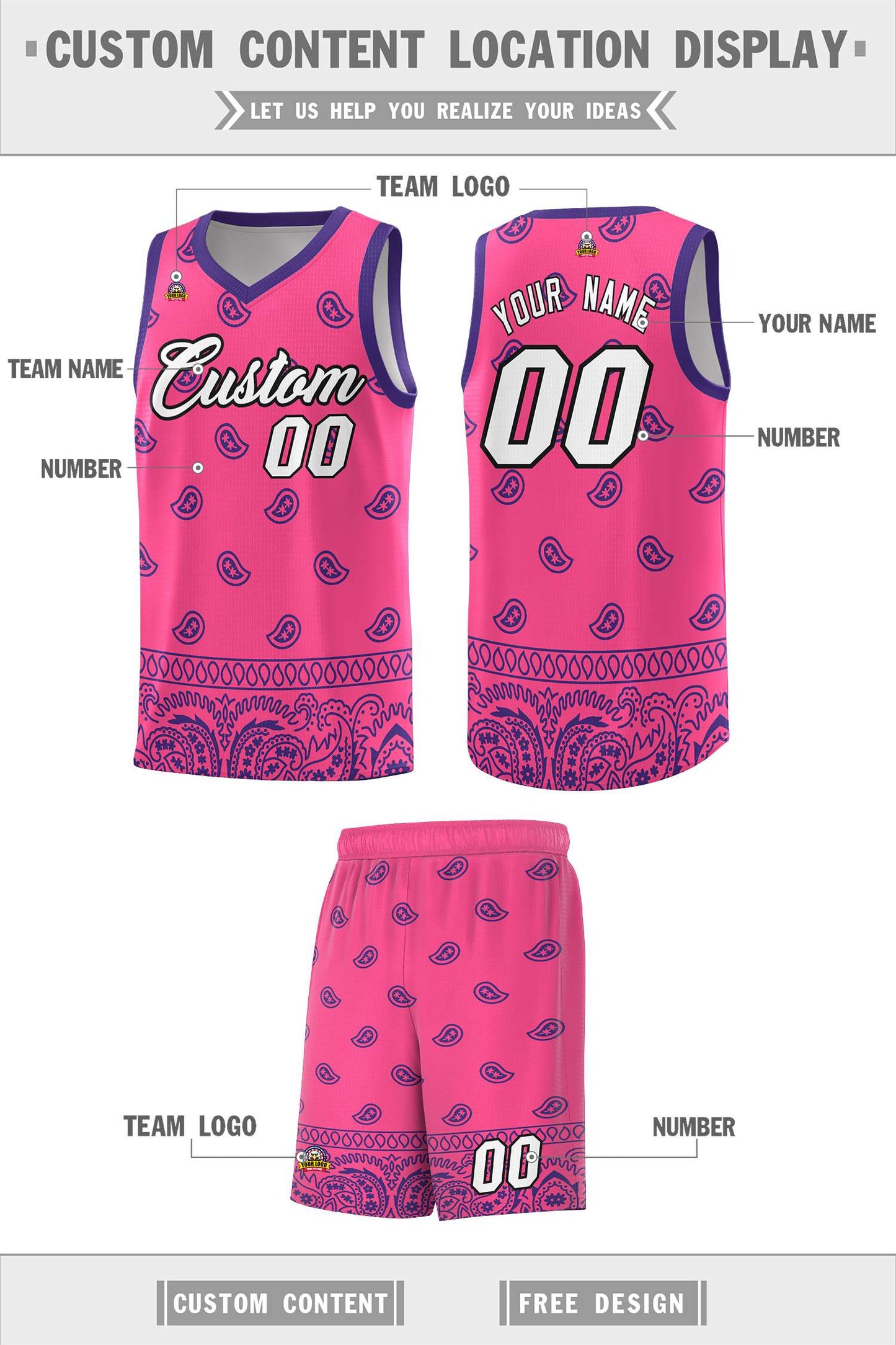 Custom Pink Purple Personalized Cashew Pattern Sports Uniform Basketball Jersey