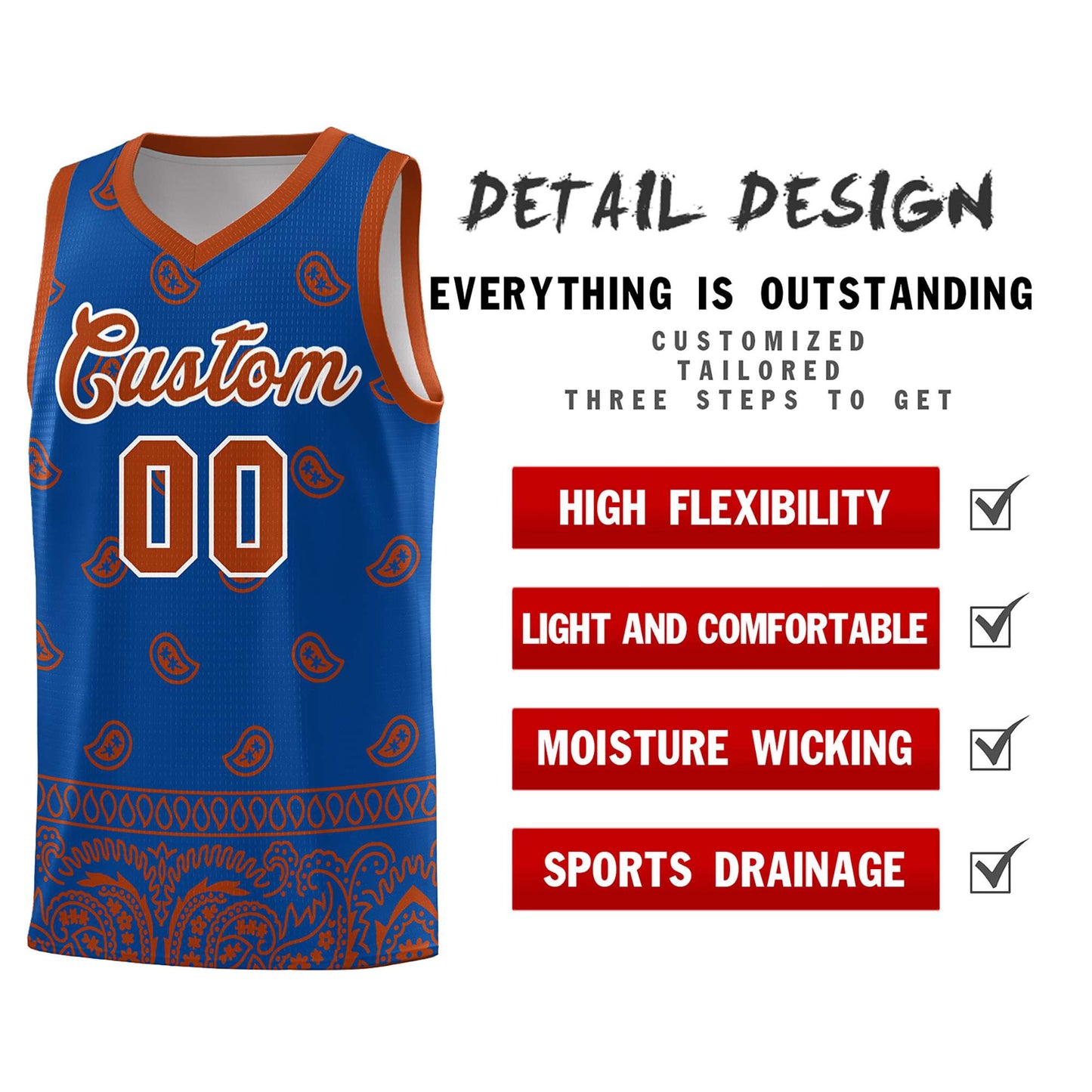Custom Royal Texas Orange Personalized Cashew Pattern Sports Uniform Basketball Jersey