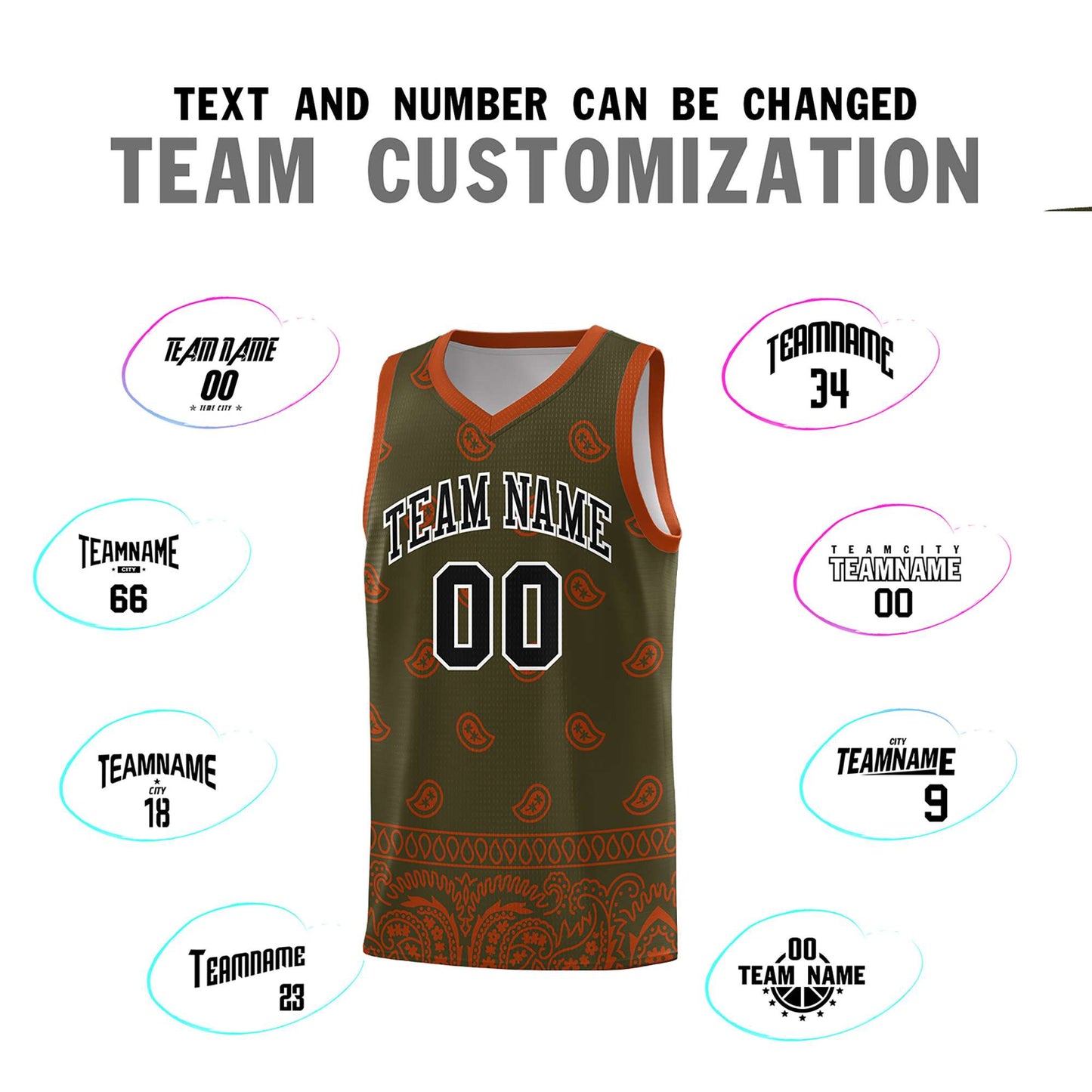 Custom Olive Texas Orange Personalized Cashew Pattern Sports Uniform Basketball Jersey