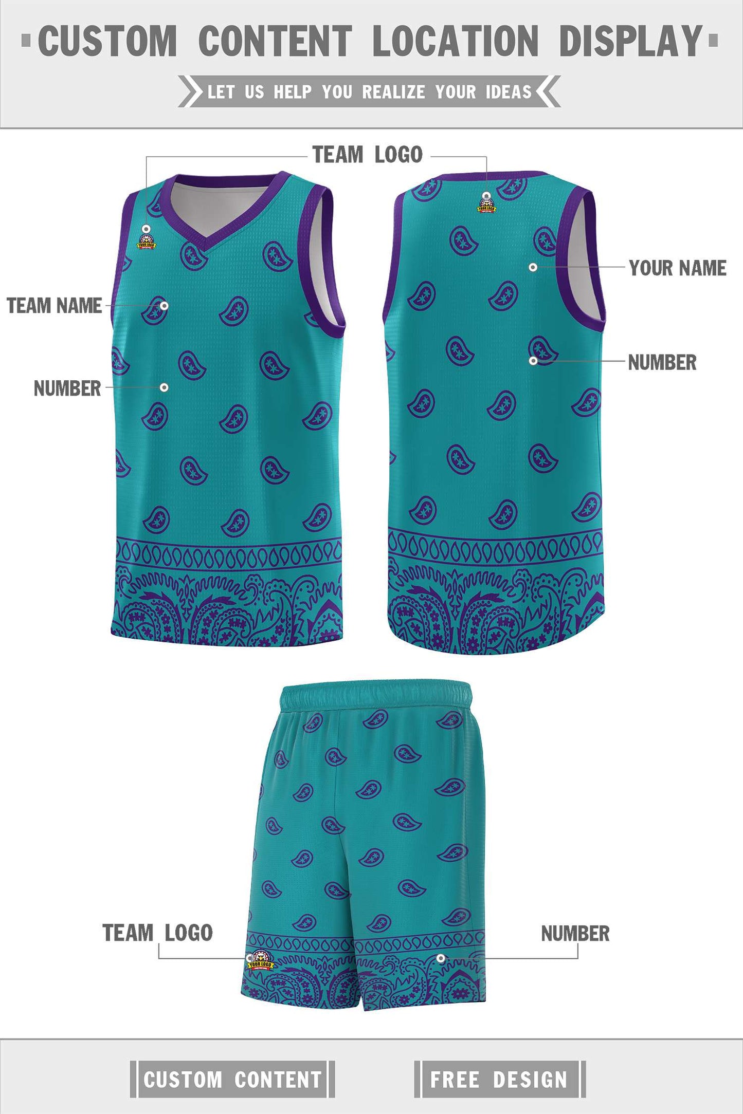 Custom Aqua Purple Personalized Cashew Pattern Sports Uniform Basketball Jersey