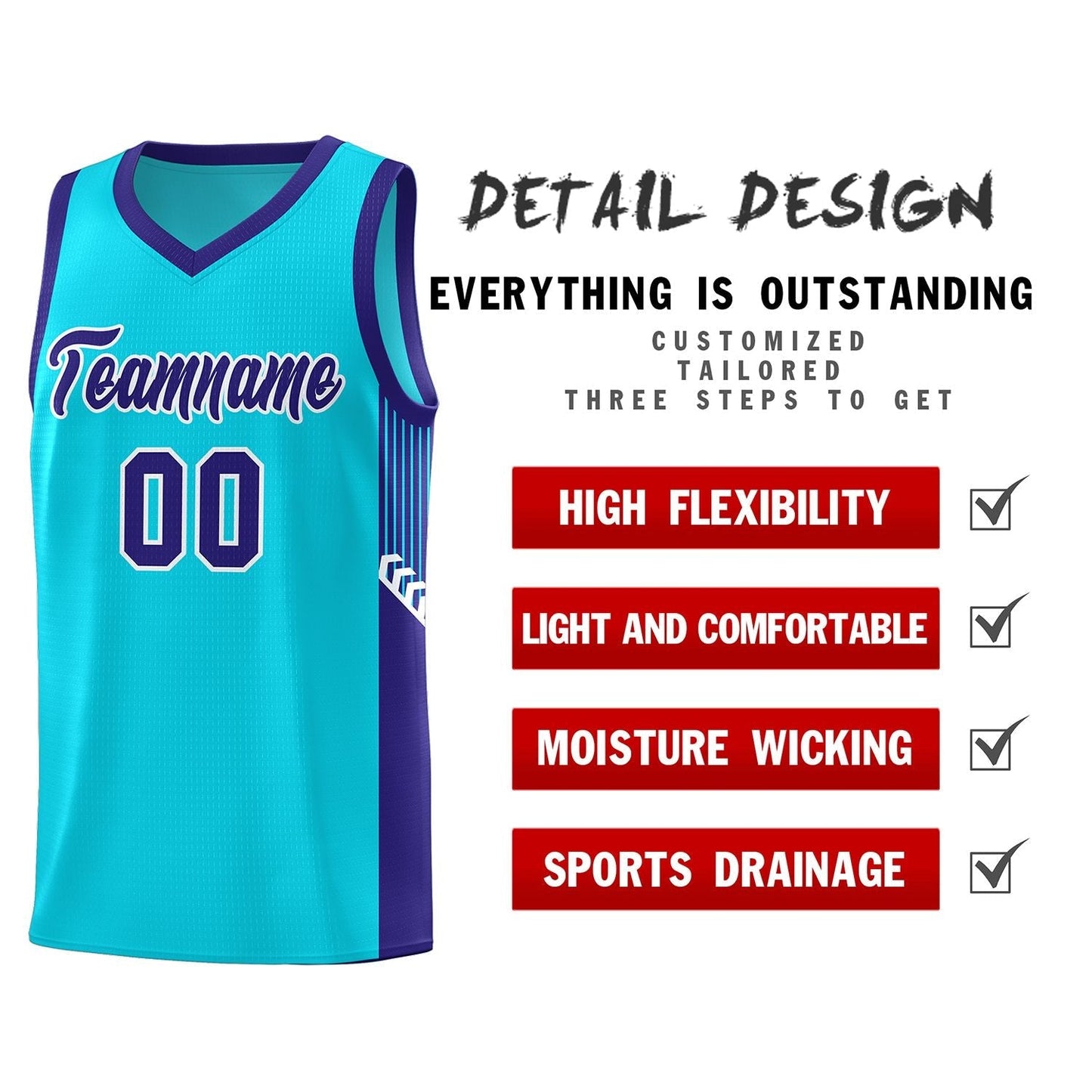 Custom Light Blue Royal-White Side Stripe Fashion Sports Uniform Basketball Jersey