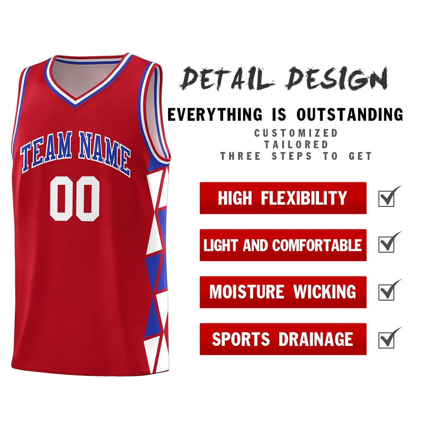Custom Red White-Royal Side Two-Color Triangle Splicing Sports Uniform Basketball Jersey