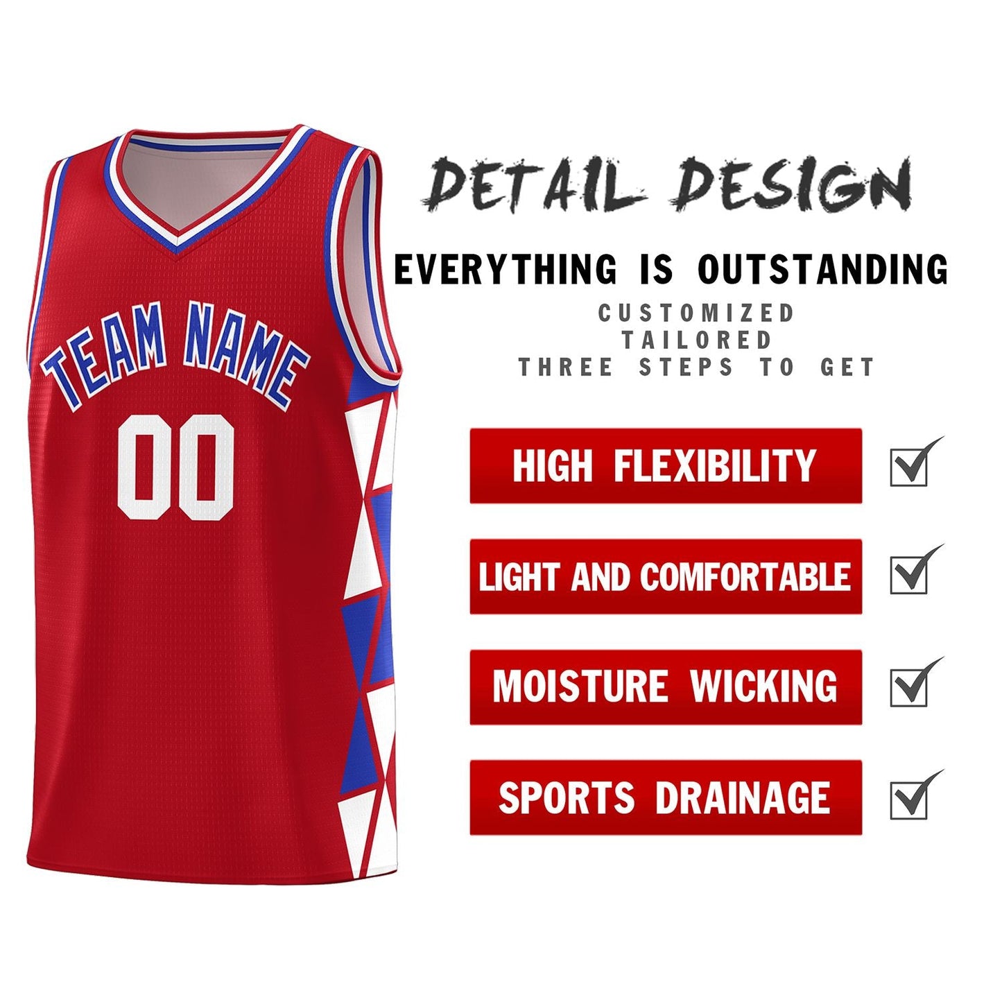 Custom Red White-Royal Side Two-Color Triangle Splicing Sports Uniform Basketball Jersey