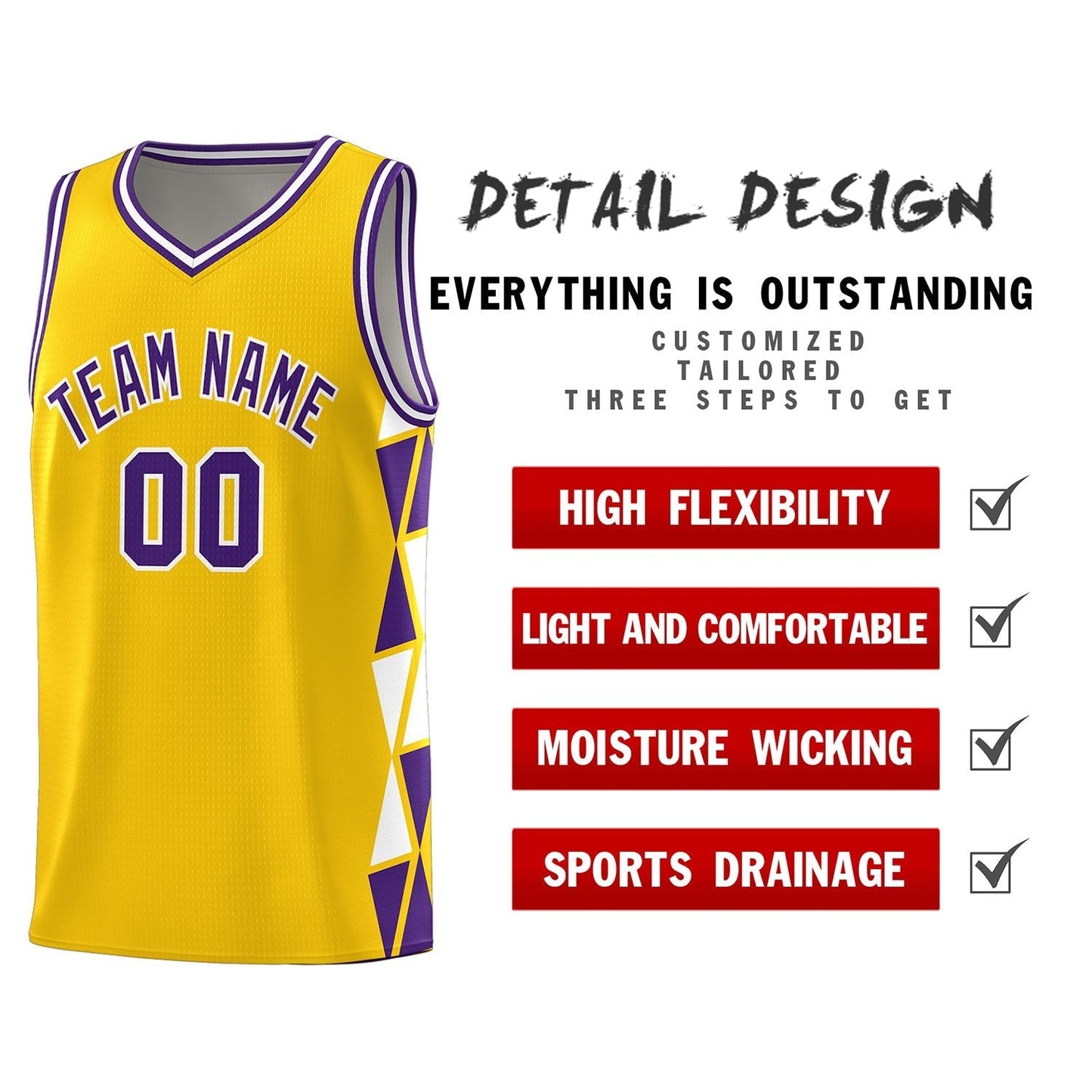 Custom Gold Purple-White Side Two-Color Triangle Splicing Sports Uniform Basketball Jersey