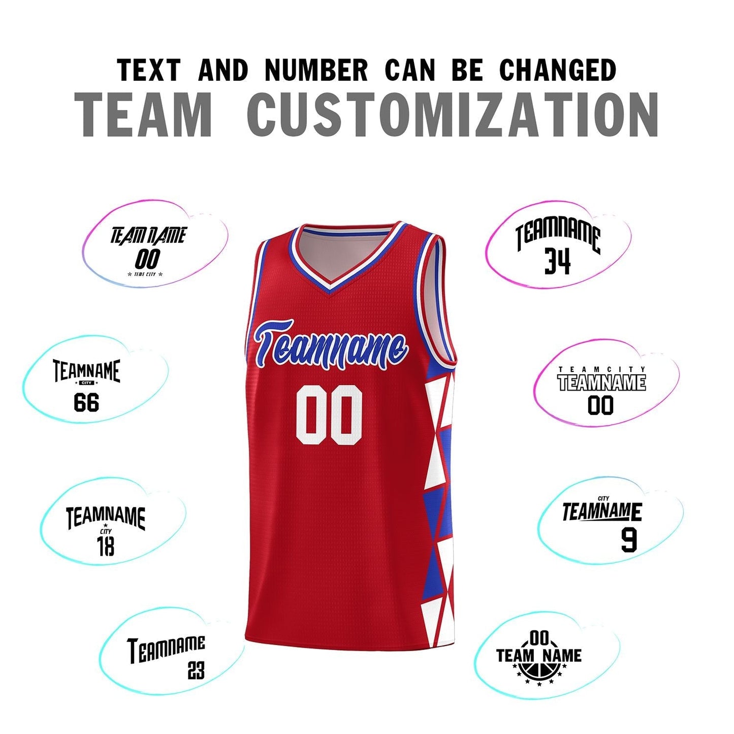 Custom Red White-Royal Side Two-Color Triangle Splicing Sports Uniform Basketball Jersey
