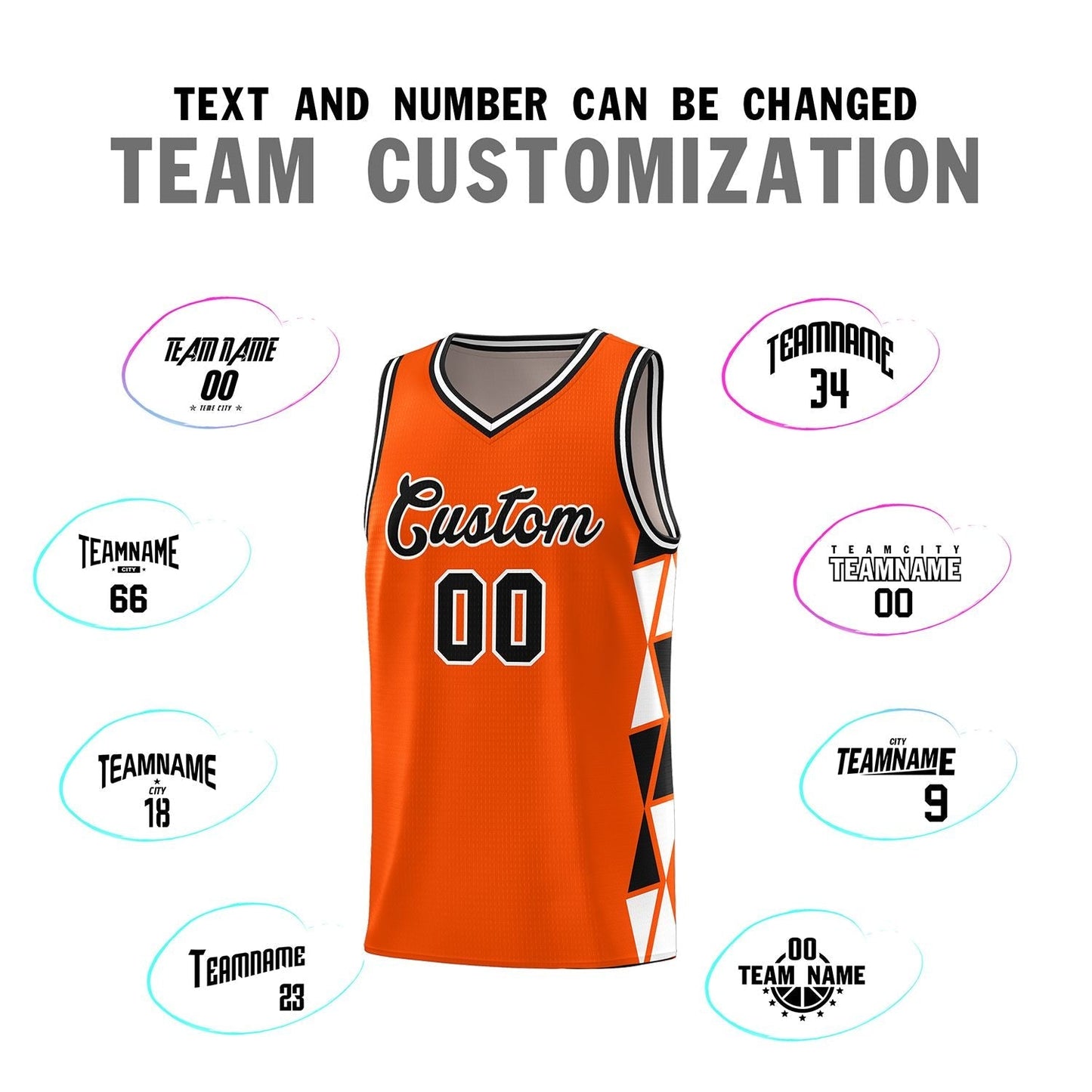 Custom Orange Black-White Side Two-Color Triangle Splicing Sports Uniform Basketball Jersey