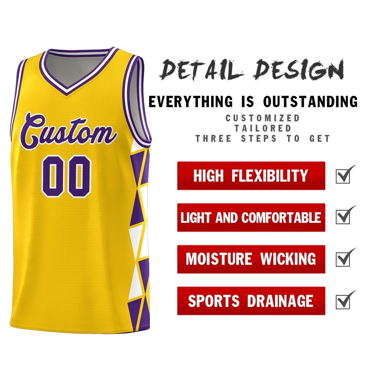 Custom Gold Purple-White Side Two-Color Triangle Splicing Sports Uniform Basketball Jersey