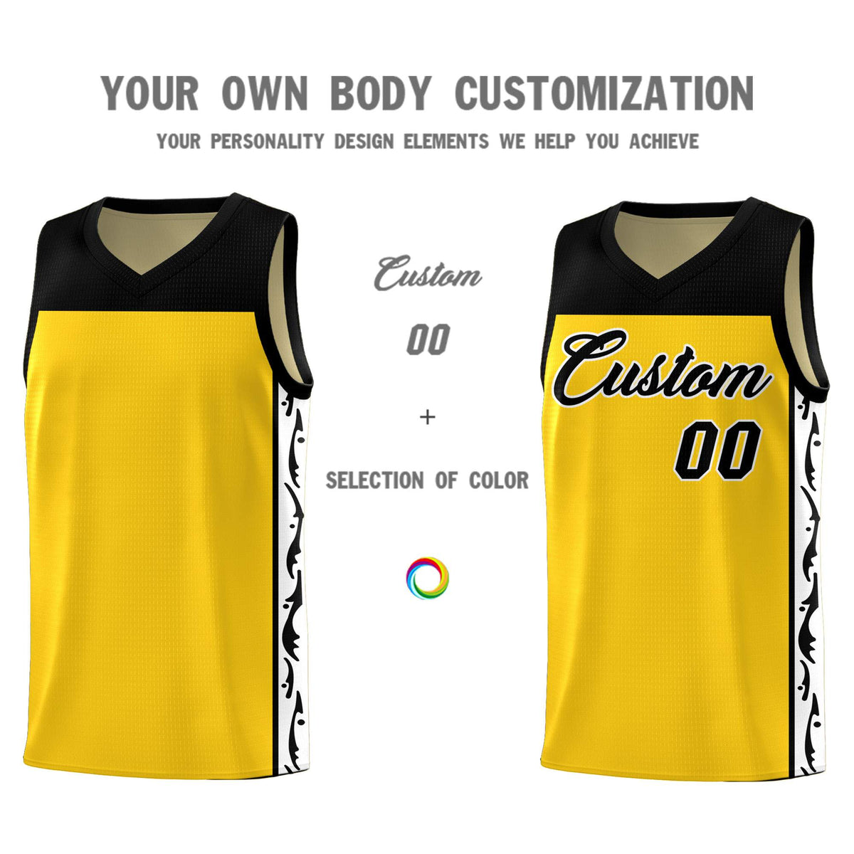 Custom Gold Side Pattern Sports Uniform Basketball Jersey
