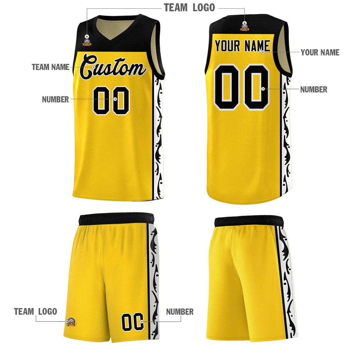 Custom Gold Side Pattern Sports Uniform Basketball Jersey