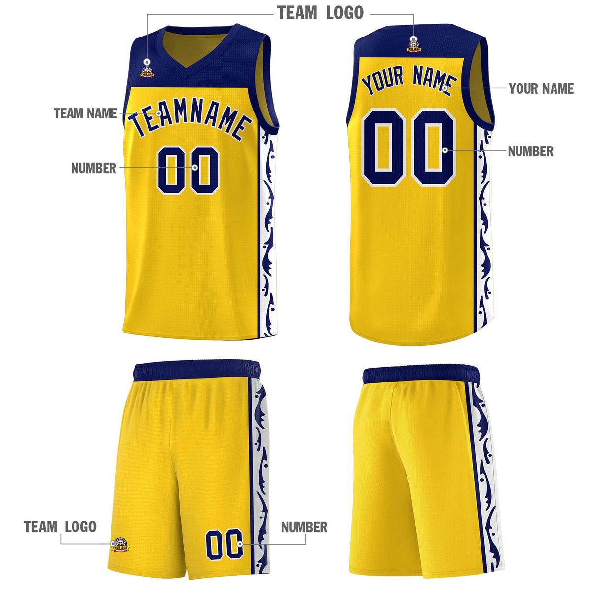 Custom Gold Side Pattern Sports Uniform Basketball Jersey