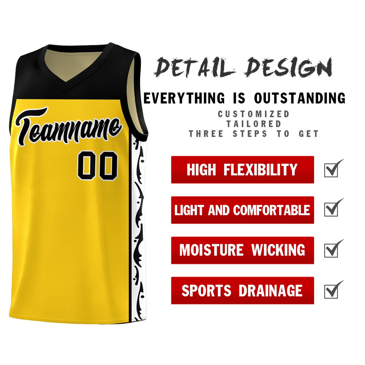 Custom Gold Side Pattern Sports Uniform Basketball Jersey