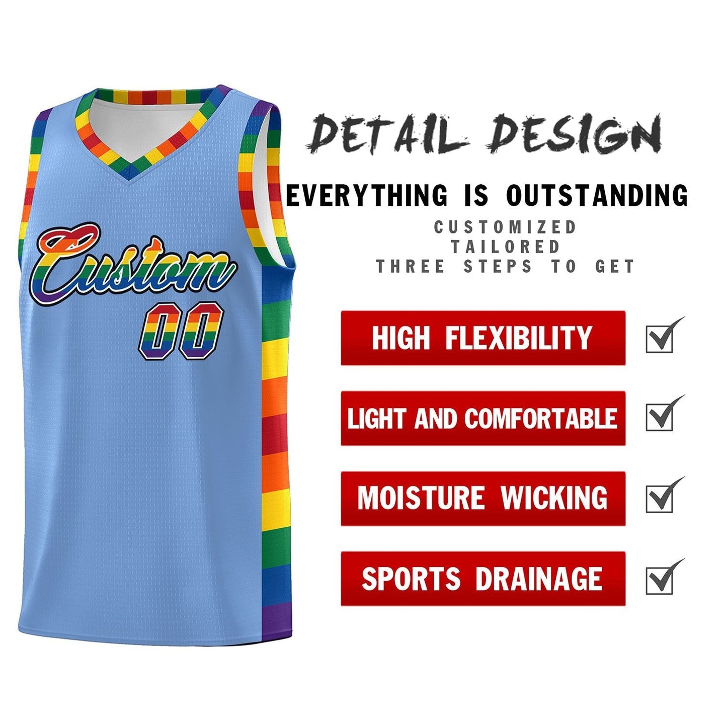 Custom Light Blue LGBT Rainbow For Pride Month Sports Uniform Basketball Jersey