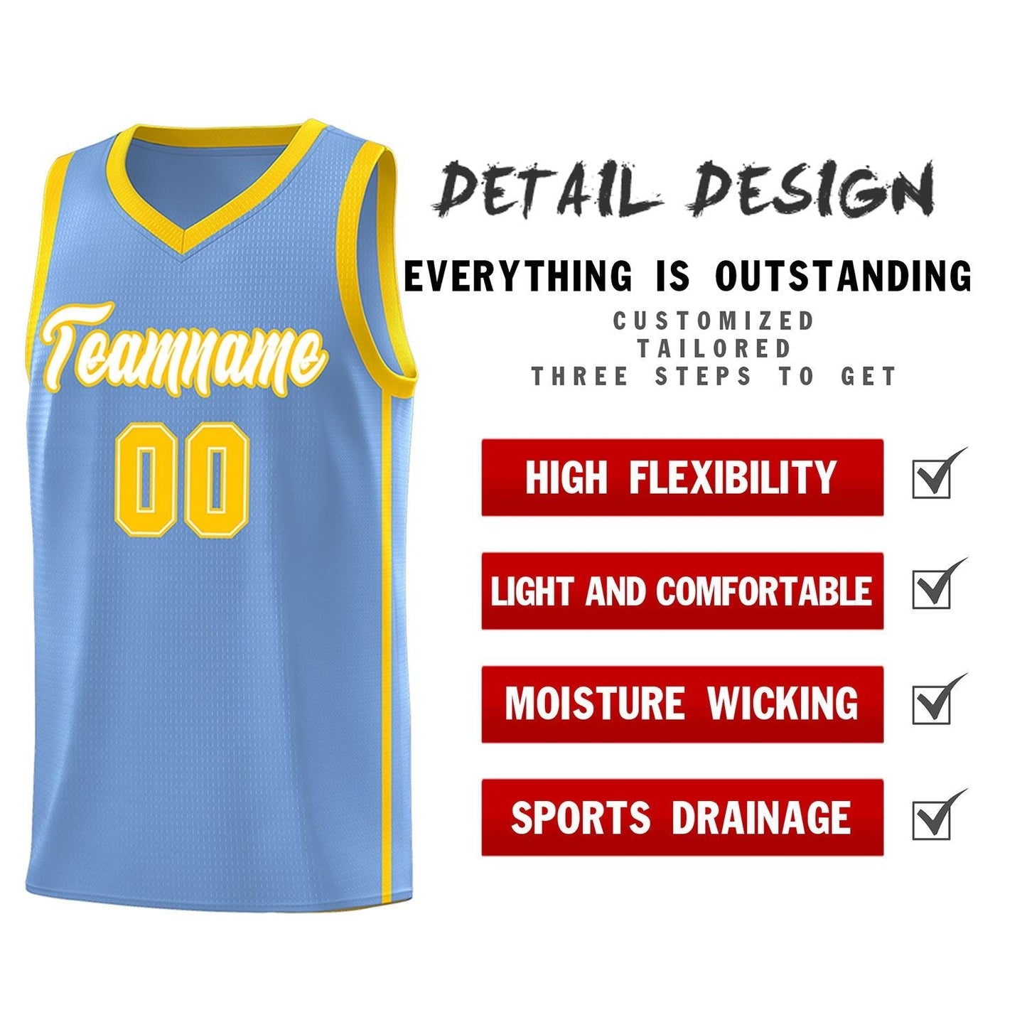Custom Light Blue White-Gold Side Two Bars Sports Uniform Basketball Jersey