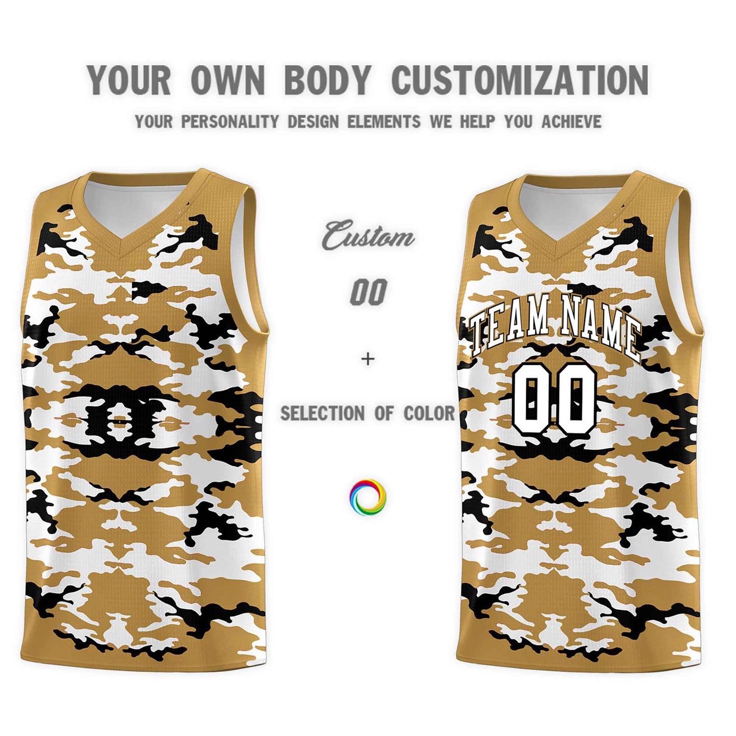 Custom Old Gold Black-White Personalized Camo Sets Sports Uniform Basketball Jersey