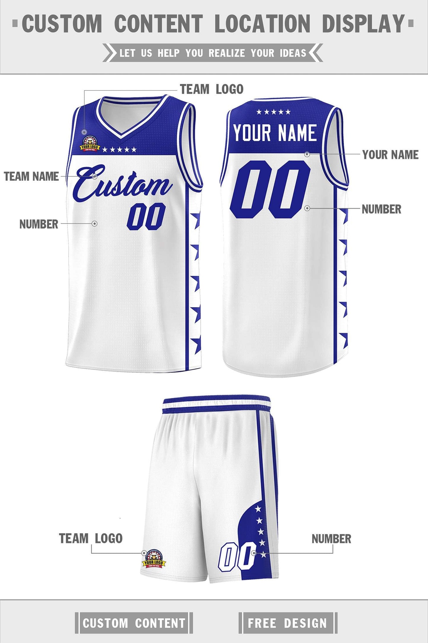 Custom White Royal Color Block Sets Sports Uniform Basketball Jersey