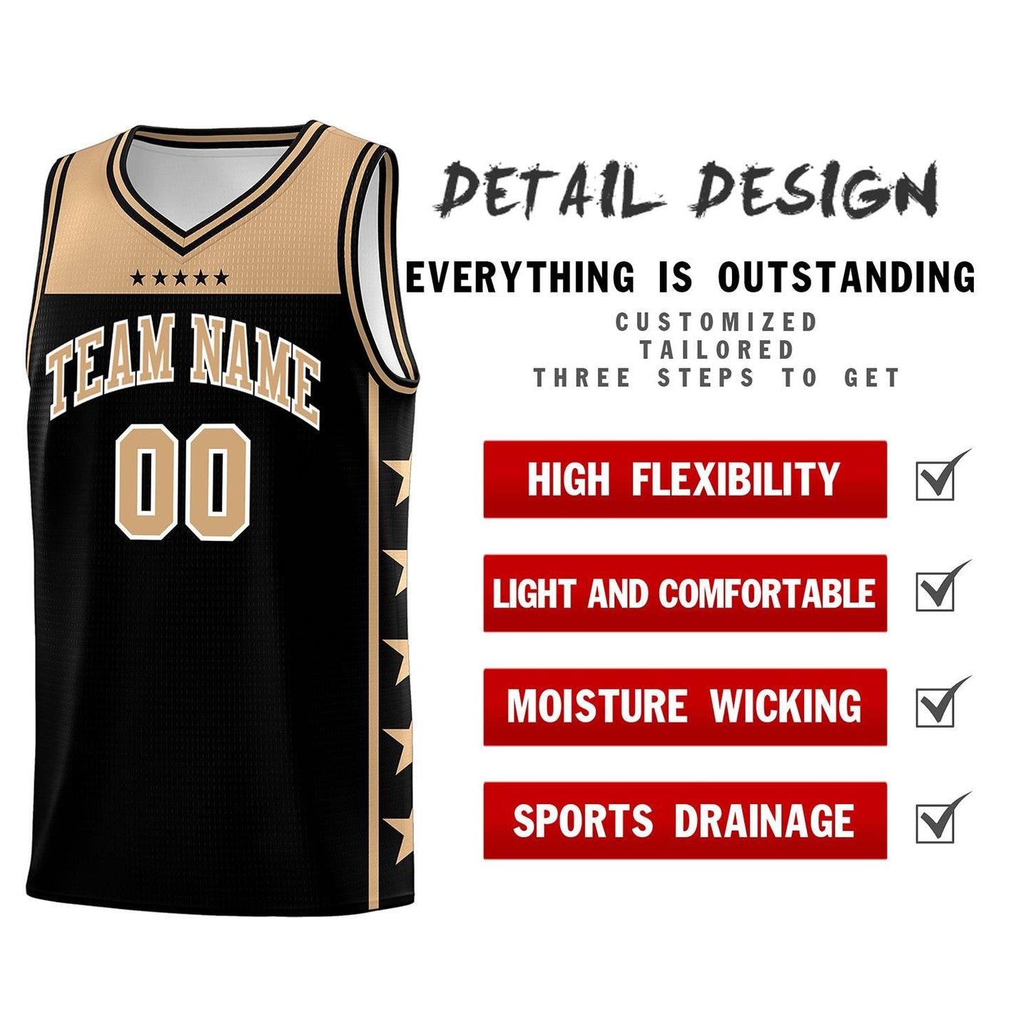 Custom Black Old Gold Color Block Sets Sports Uniform Basketball Jersey