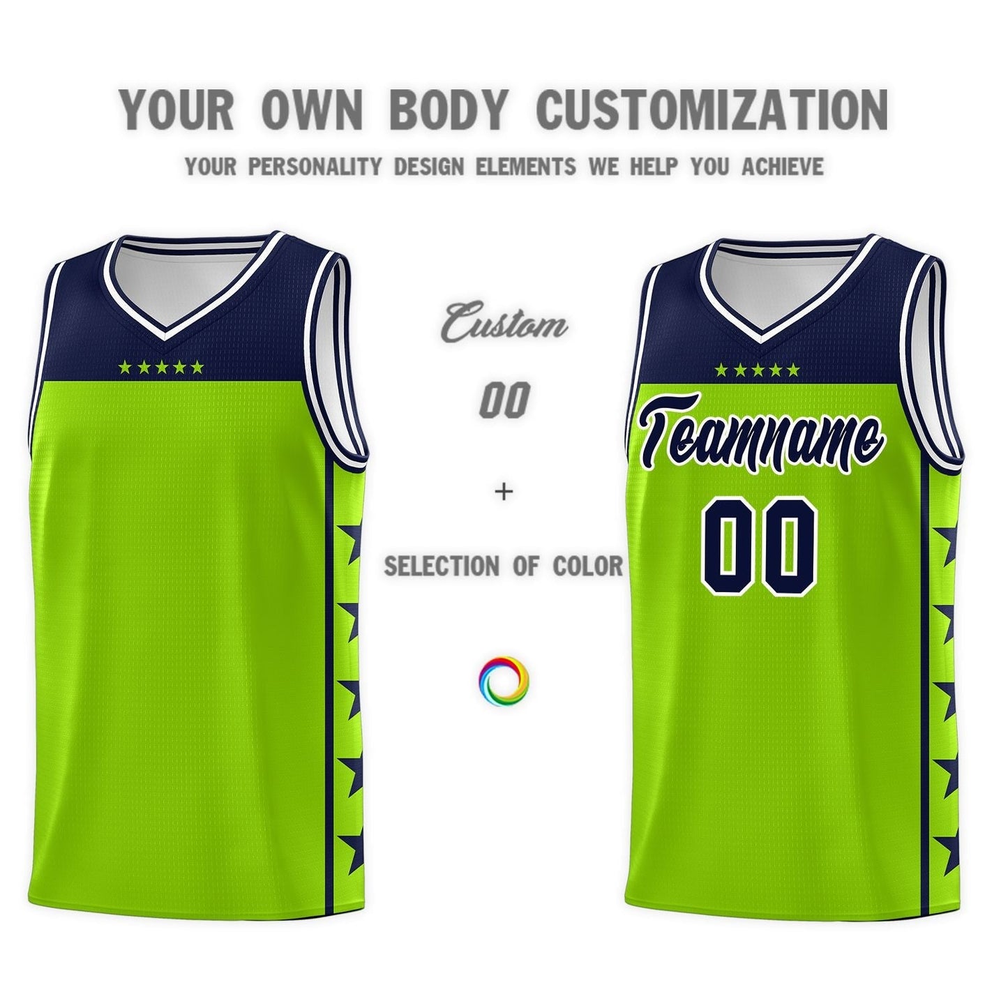 Custom Neon Green Navy Color Block Sets Sports Uniform Basketball Jersey