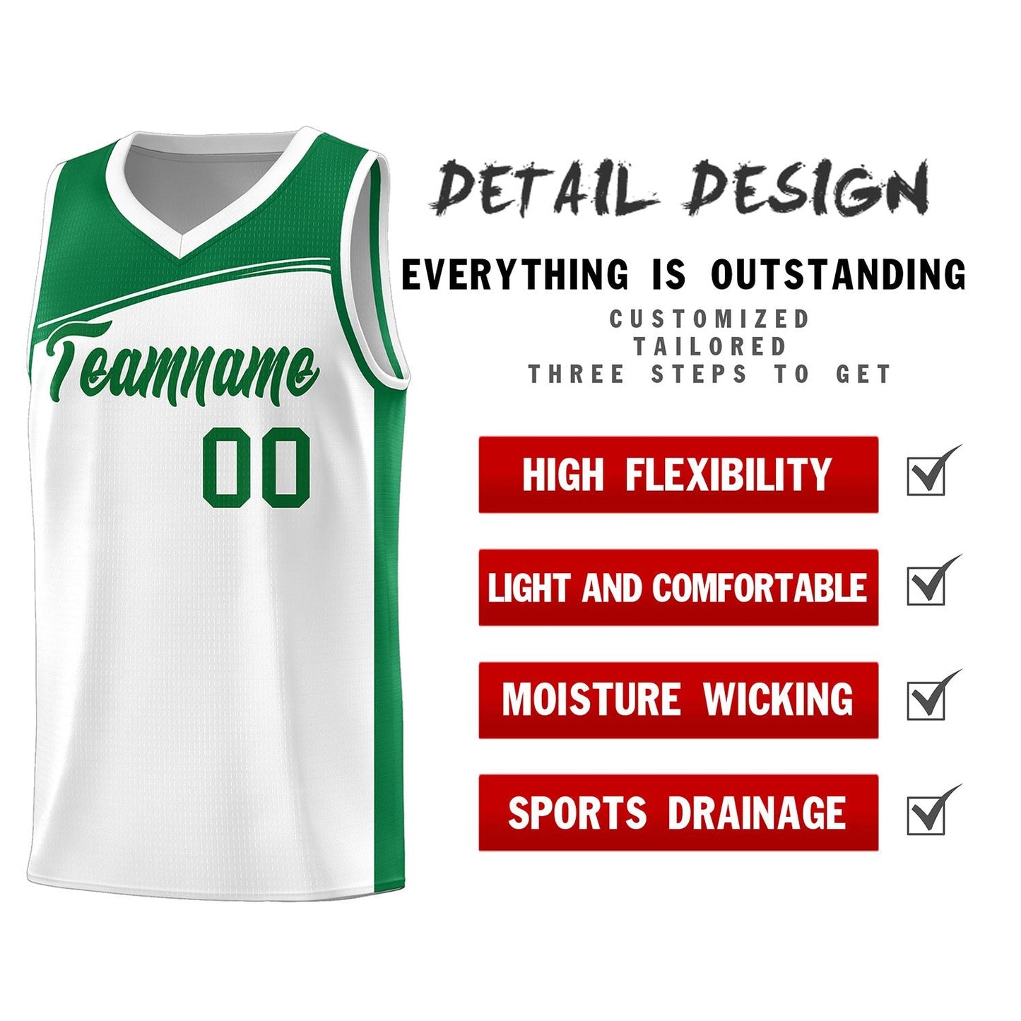 Custom White Kelly Green Color Block Sports Uniform Basketball Jersey