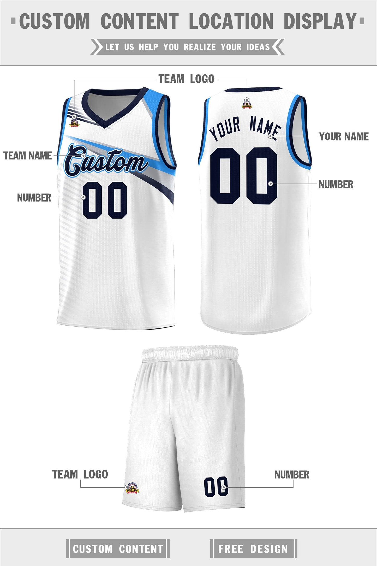 Custom White Navy Chest Color Block Sports Uniform Basketball Jersey