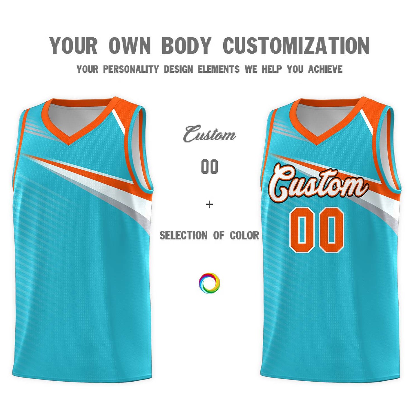 Custom Light Blue White-Orange Chest Color Block Sports Uniform Basketball Jersey