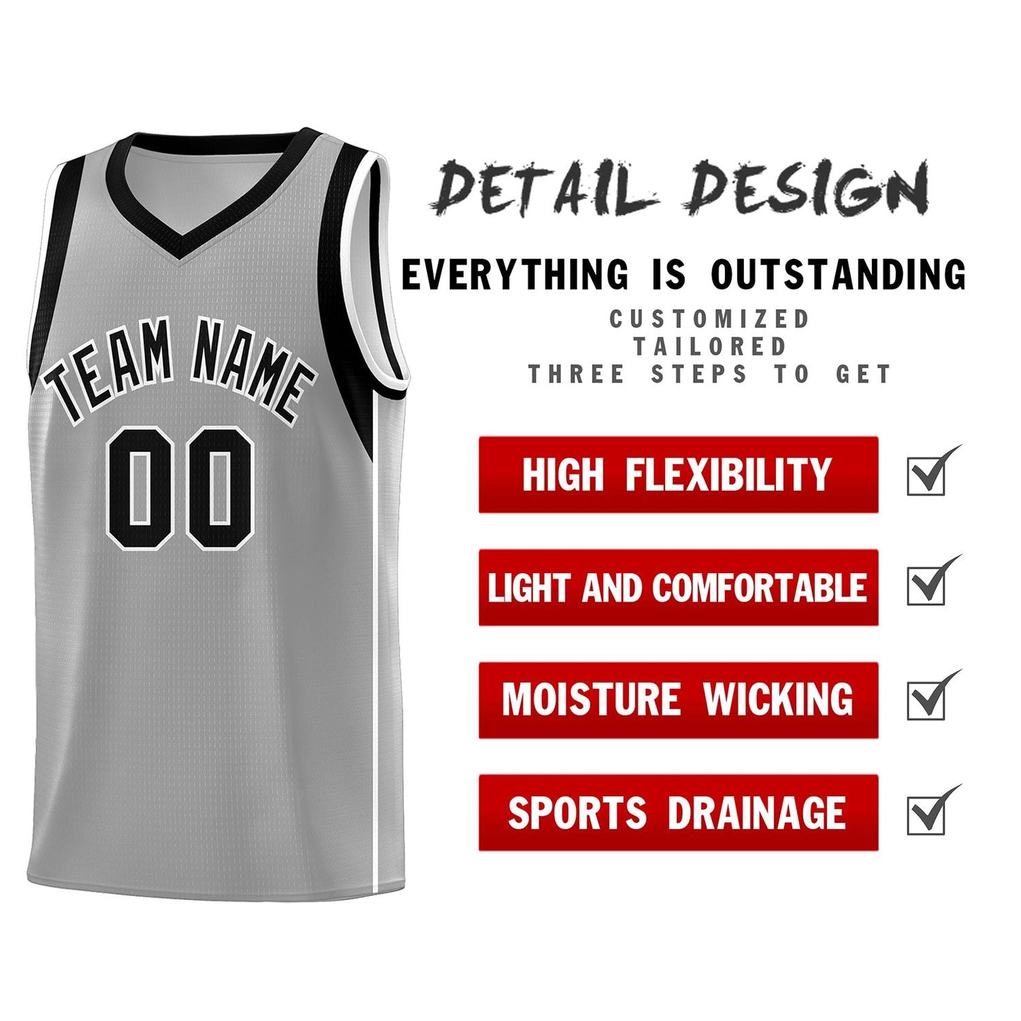 Custom Gray Black-White Sleeve Color Blocking Classic Sports Uniform Basketball Jersey