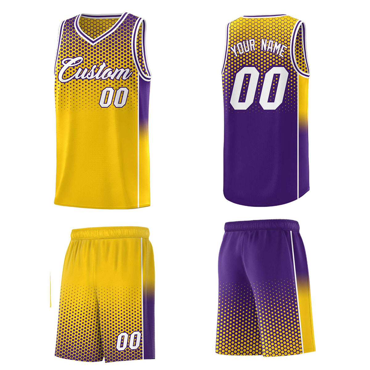 Custom Gold Purple Reversible Side Gradient Sports Uniform Dot Pattern Basketball Jersey Kits