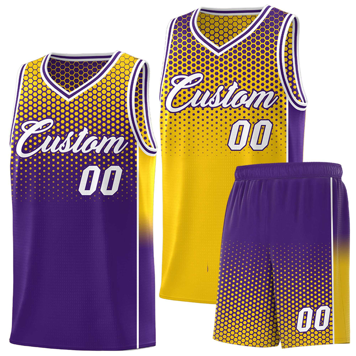 Custom Gold Purple Reversible Side Gradient Sports Uniform Dot Pattern Basketball Jersey Kits