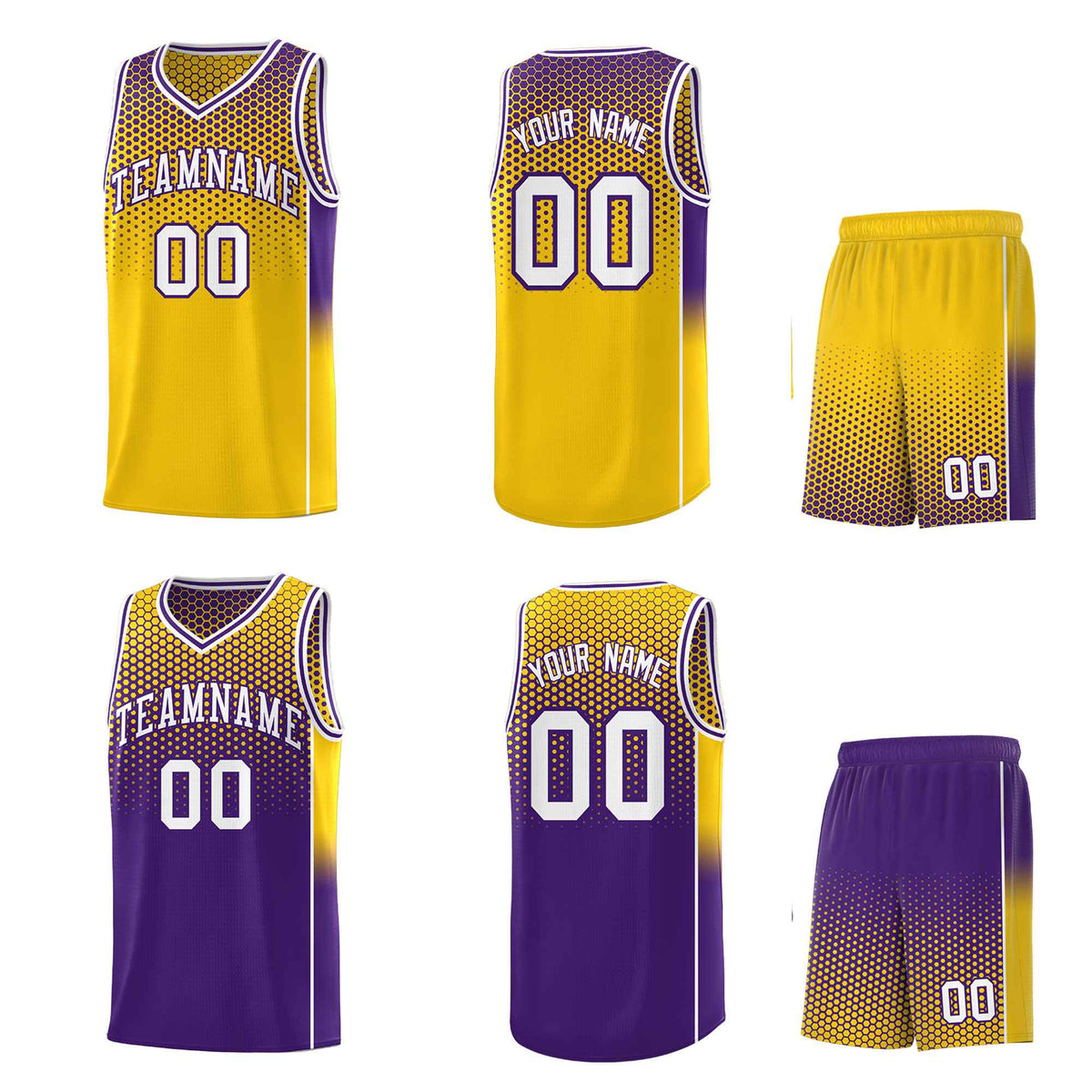 Custom Gold Purple Reversible Side Gradient Sports Uniform Dot Pattern Basketball Jersey Kits