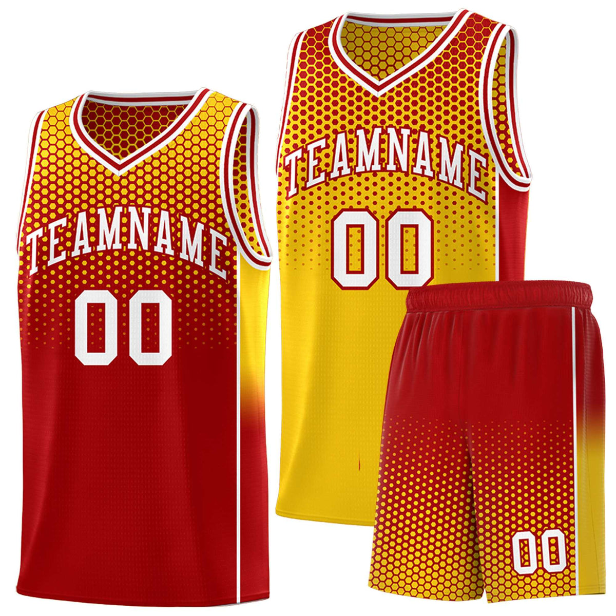 Custom Gold Red Reversible Side Gradient Sports Uniform Dot Pattern Basketball Jersey Kits
