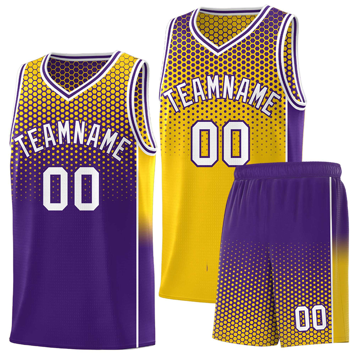 Custom Gold Purple Reversible Side Gradient Sports Uniform Dot Pattern Basketball Jersey Kits