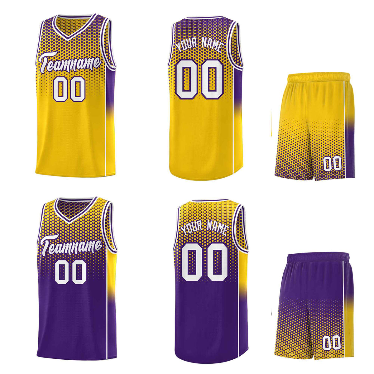 Custom Gold Purple Reversible Side Gradient Sports Uniform Dot Pattern Basketball Jersey Kits
