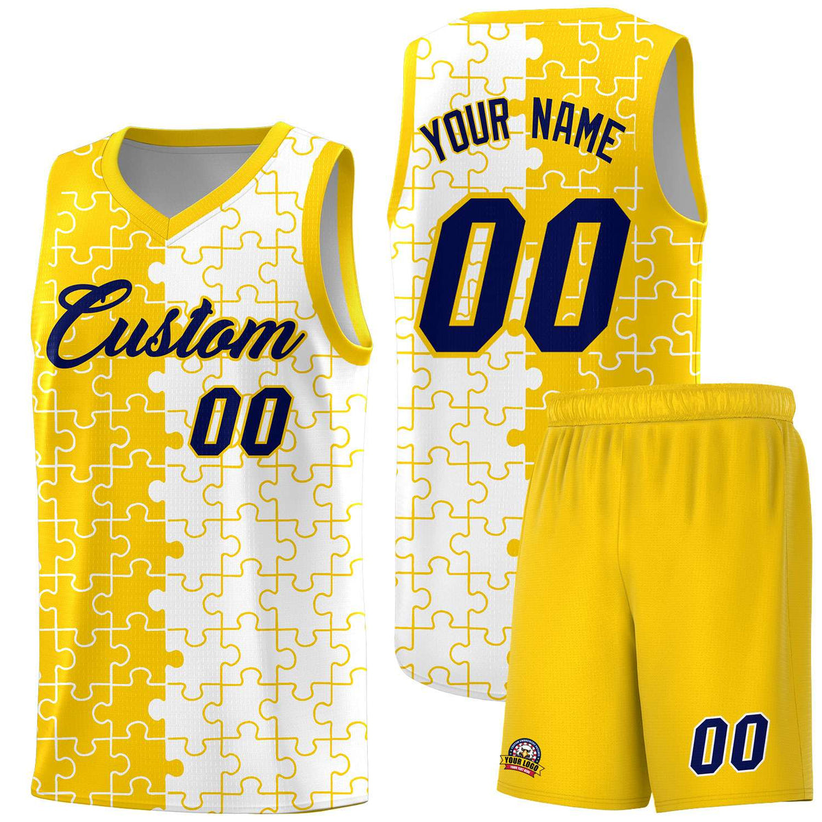 Custom Gold White Splid Basketball Kits With Puzzle Pattern