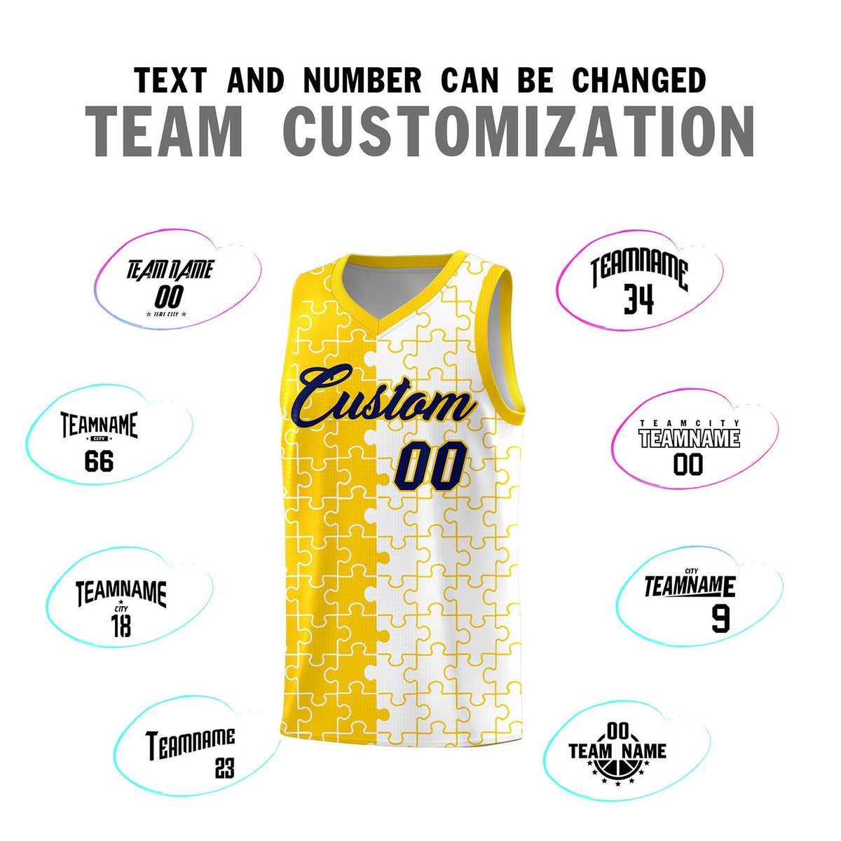 Custom Gold White Splid Basketball Kits With Puzzle Pattern