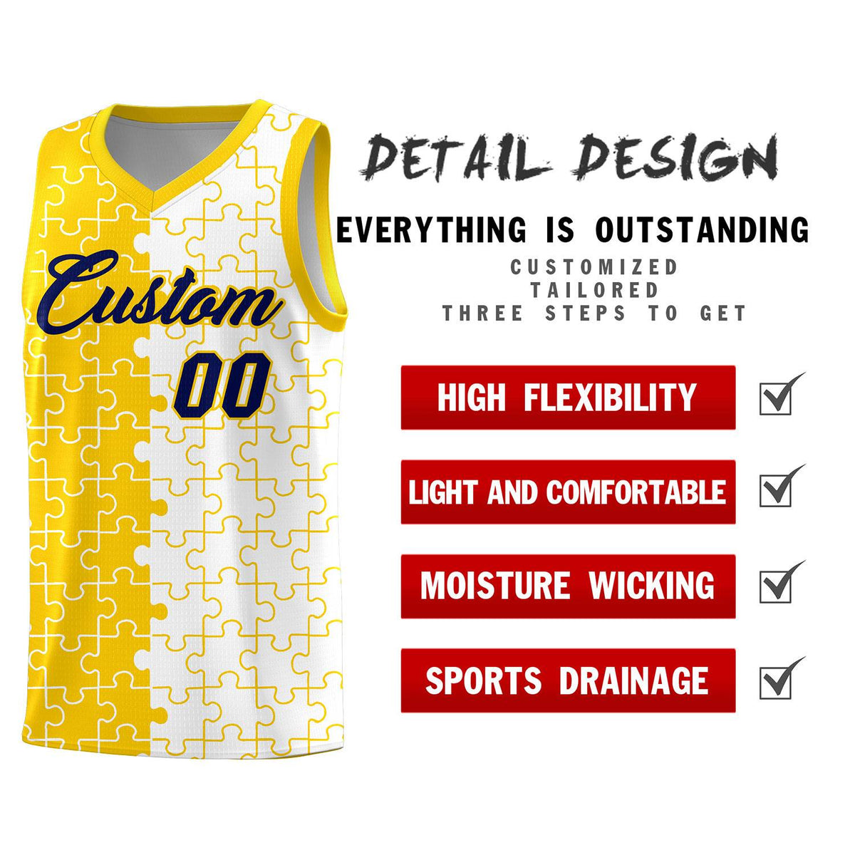 Custom Gold White Splid Basketball Kits With Puzzle Pattern