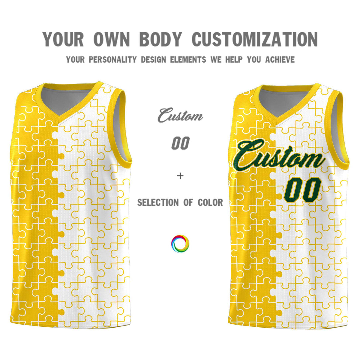 Custom Gold White Splid Basketball Kits With Puzzle Pattern