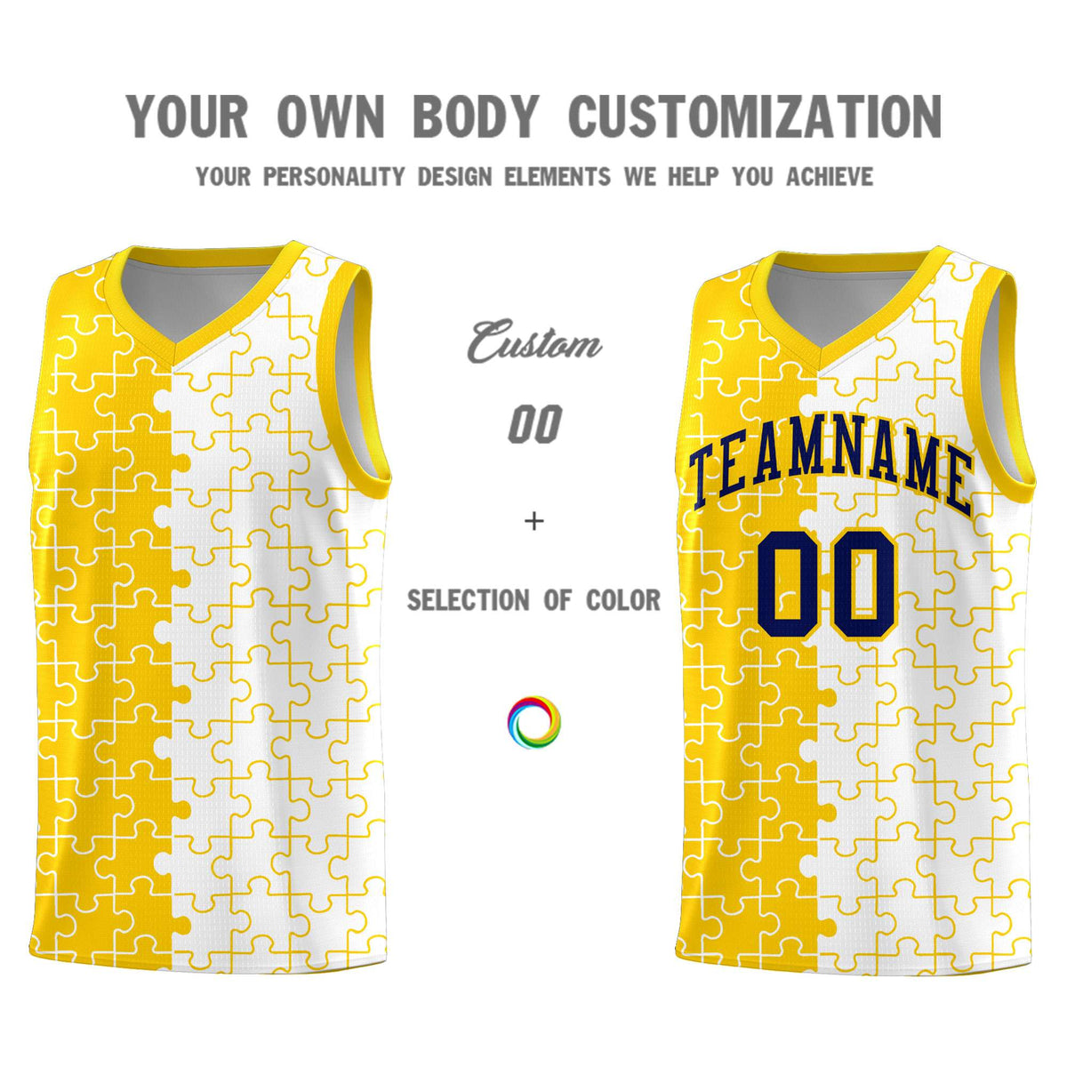 Custom Gold White Splid Basketball Kits With Puzzle Pattern