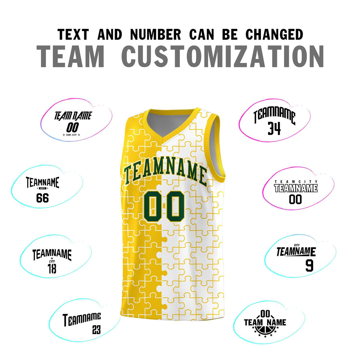 Custom Gold White Splid Basketball Kits With Puzzle Pattern