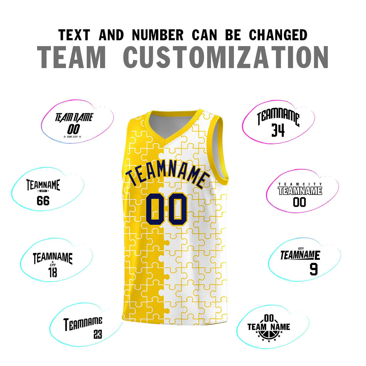 Custom Gold White Splid Basketball Kits With Puzzle Pattern