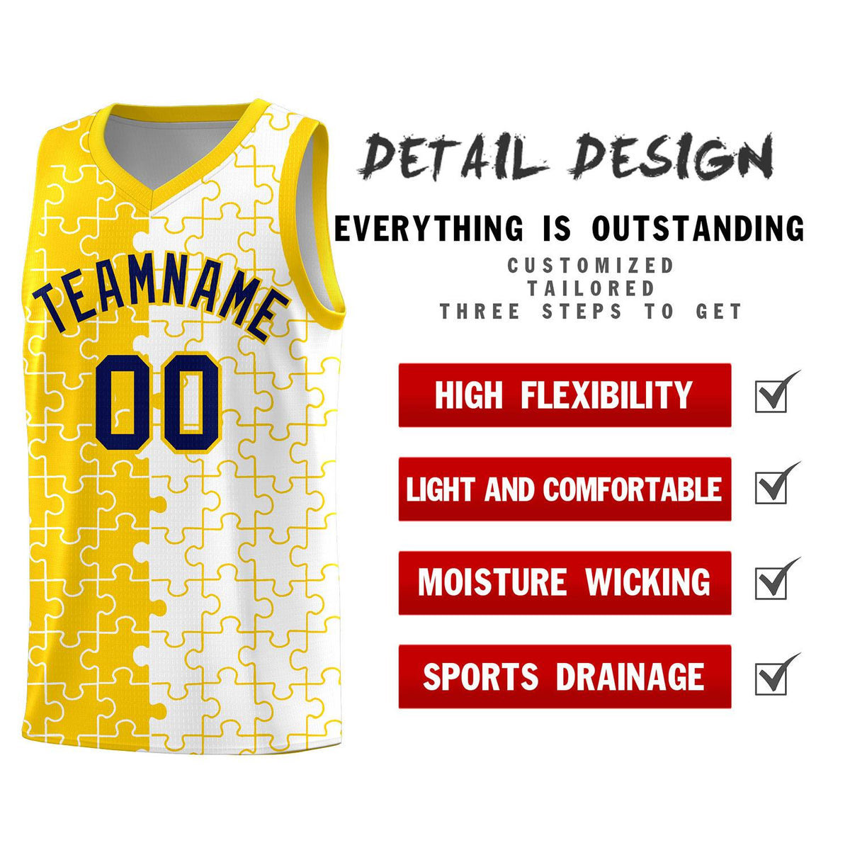 Custom Gold White Splid Basketball Kits With Puzzle Pattern