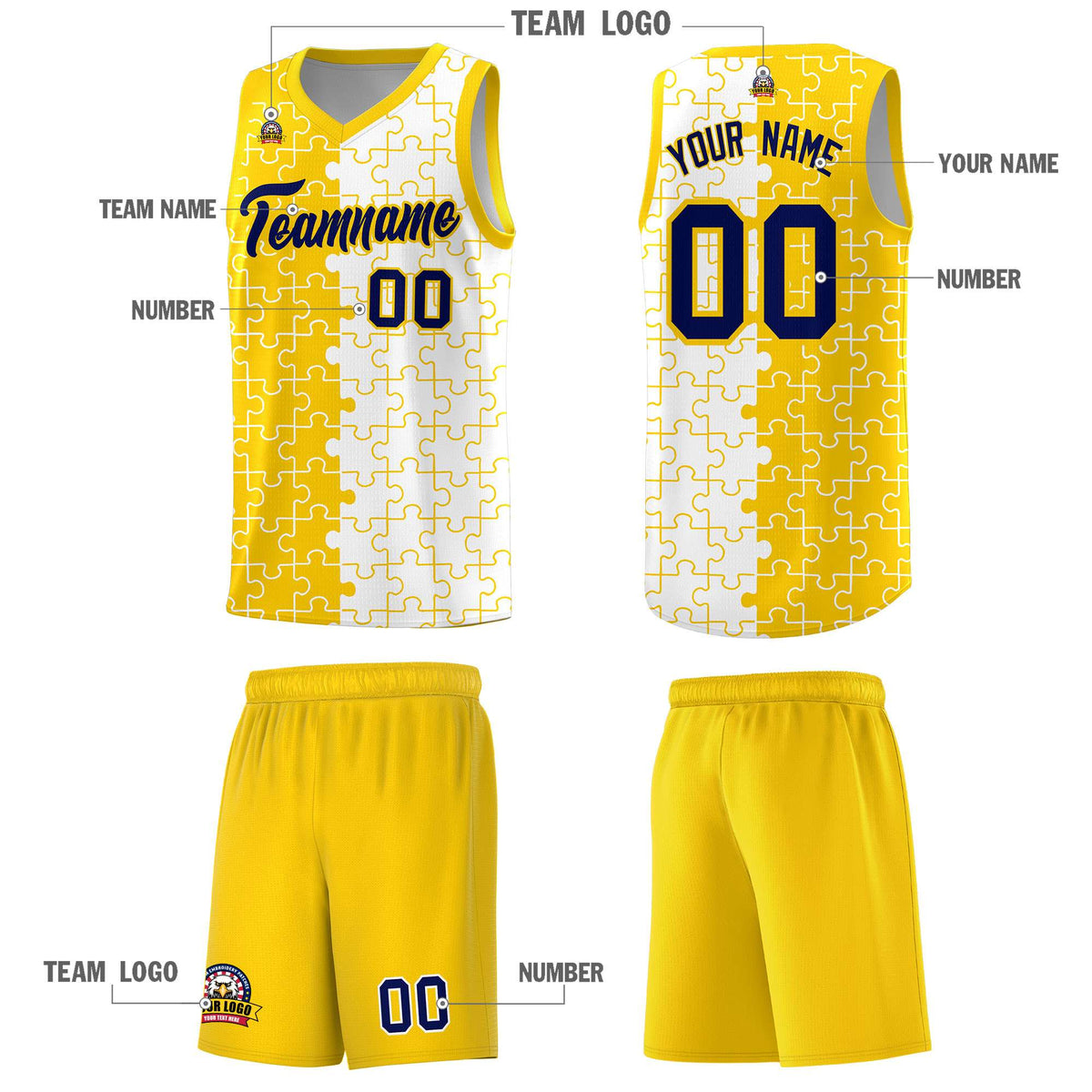 Custom Gold White Splid Basketball Kits With Puzzle Pattern