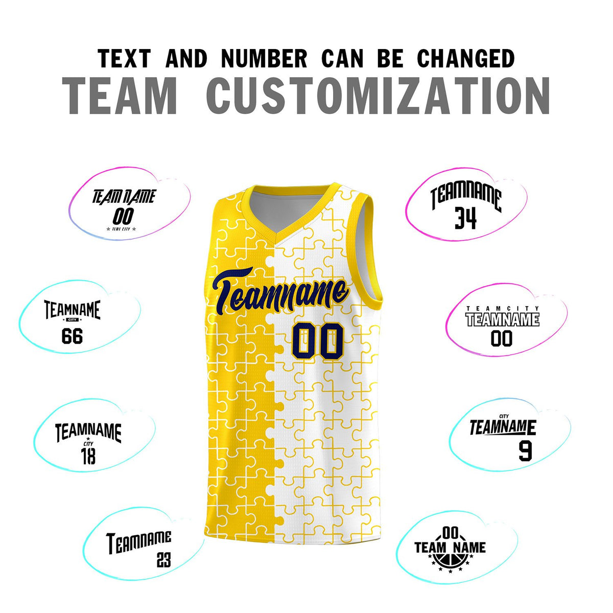 Custom Gold White Splid Basketball Kits With Puzzle Pattern