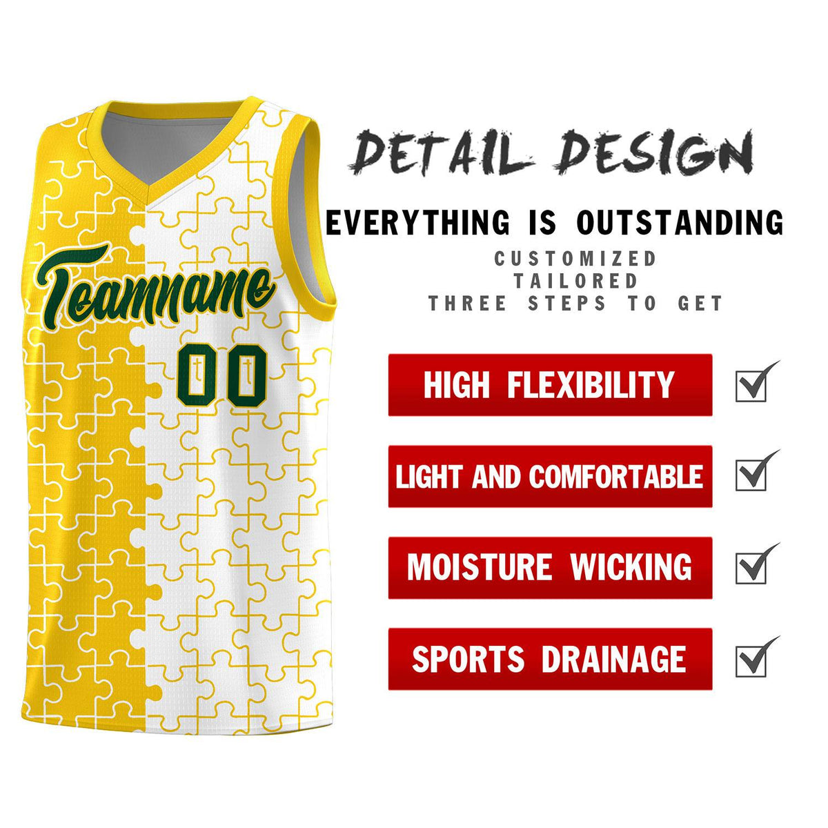 Custom Gold White Splid Basketball Kits With Puzzle Pattern