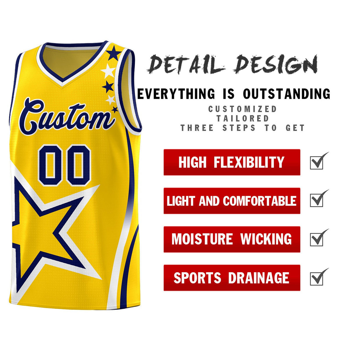 Custom Gold Shoulder Stars Graffiti Pattern Sets Basketball Jersey