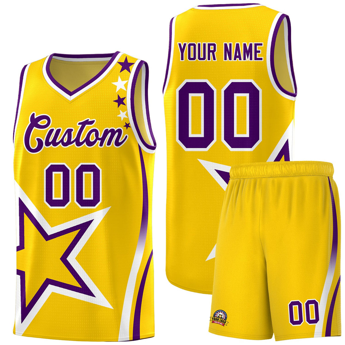 Custom Gold Shoulder Stars Graffiti Pattern Sets Basketball Jersey