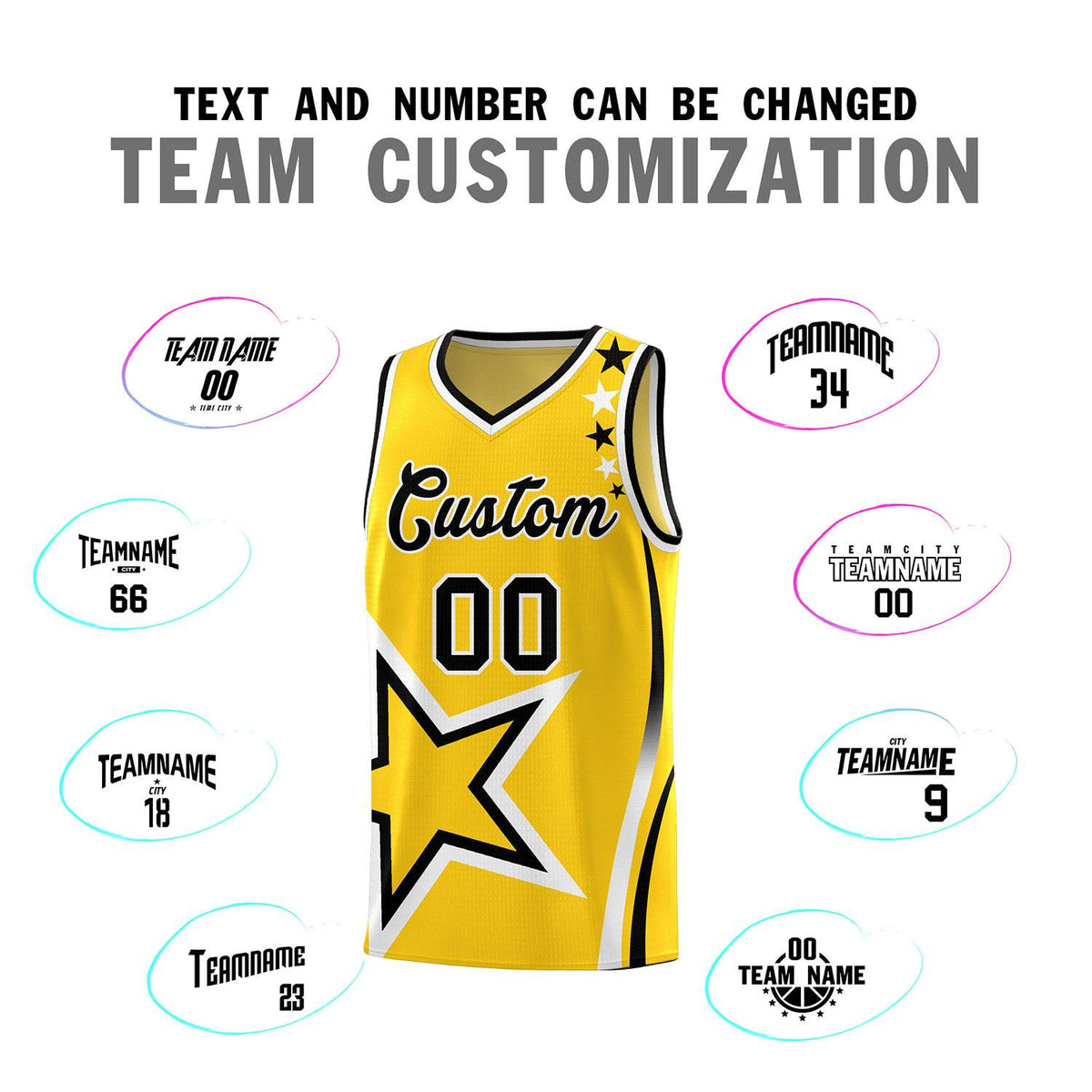 Custom Gold Shoulder Stars Graffiti Pattern Sets Basketball Jersey