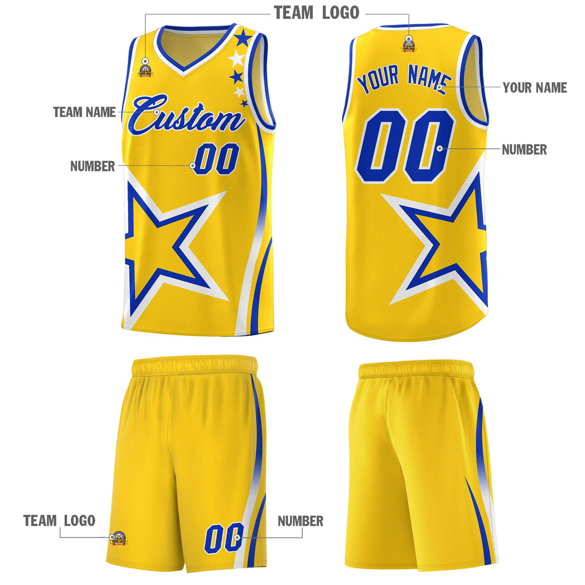 Custom Gold Shoulder Stars Graffiti Pattern Sets Basketball Jersey